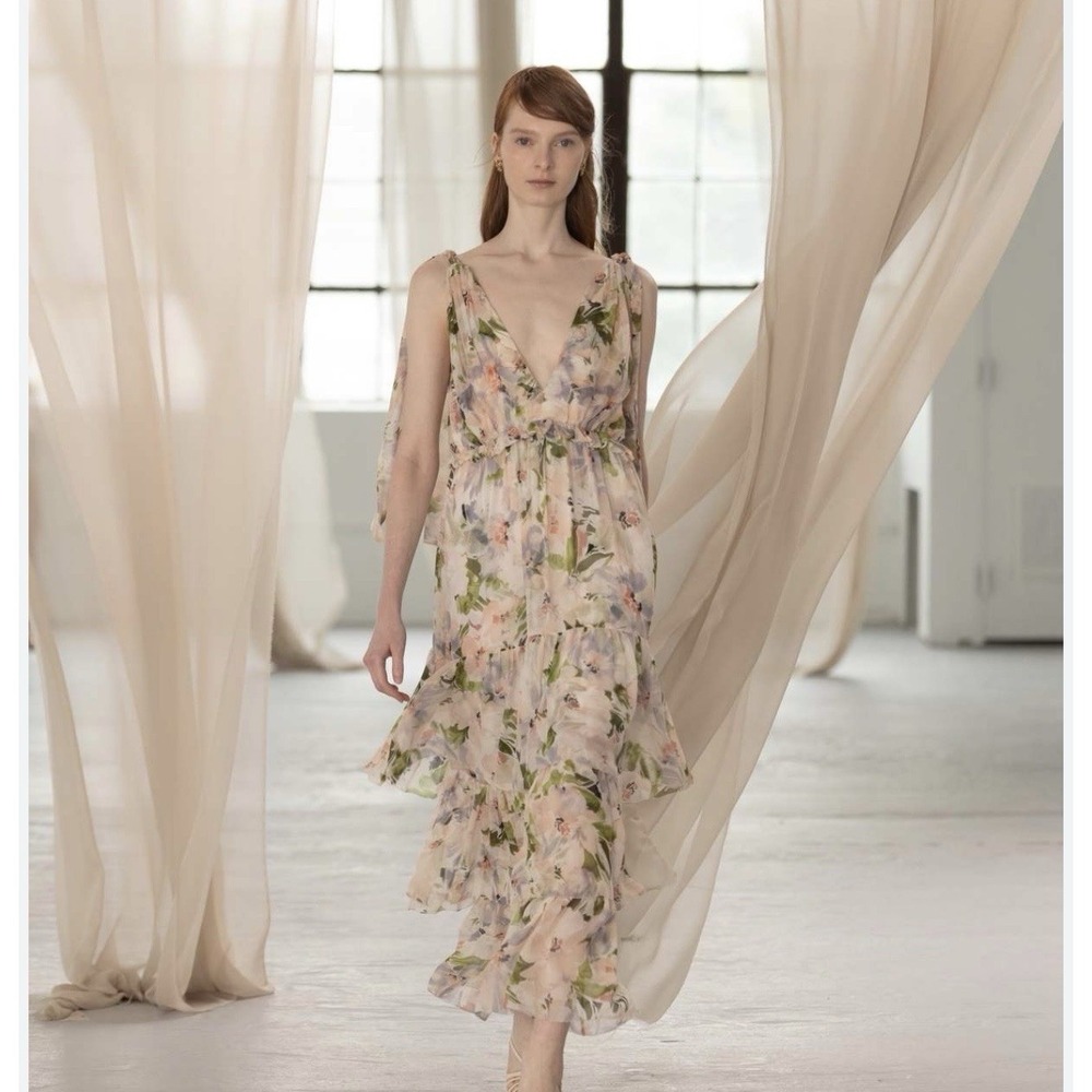 New Christy Lynn 100% Silk Floral Tiered Maxi Dress Large Luxury MSRP $695